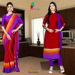 Maroon and Purple Women's Premium Silk Chiffon Plain Gala Border Office Uniform Sarees Salwar Combo