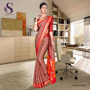 Off White Red Silk Crepe Jaquard Border Hotel Uniform Sarees