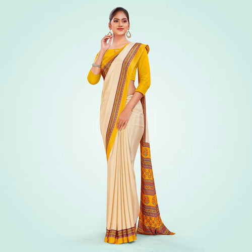 Beige and Turquoise Women's Premium Italian Silk Discipline Day Anganwadi Uniform Saree