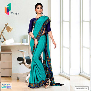 Aqua Green Navy Blue Plain Border Print Premium Italian Silk Crepe Uniform Sarees For School Teachers