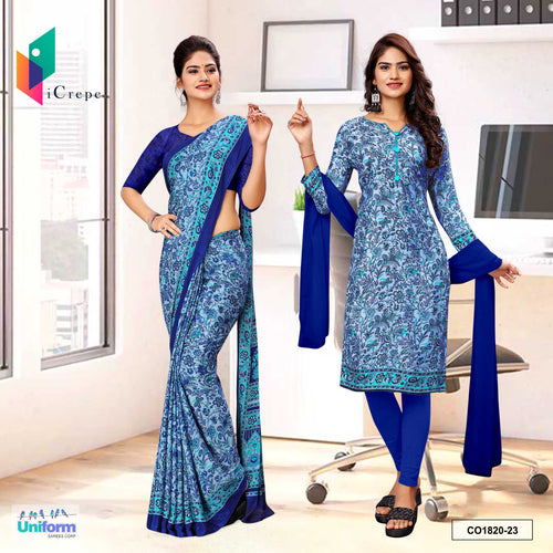 Ash Navy Blue Women's Premium Italian Silk Paisley Print Catering Uniform Saree Salwar Combo
