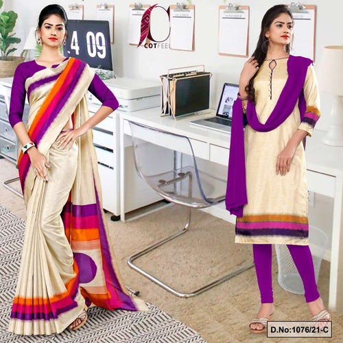 Beige Wine Women's Premium Manipuri Cotton Uniform Sarees Salwar Combo For Jewellery Showroom Uniform