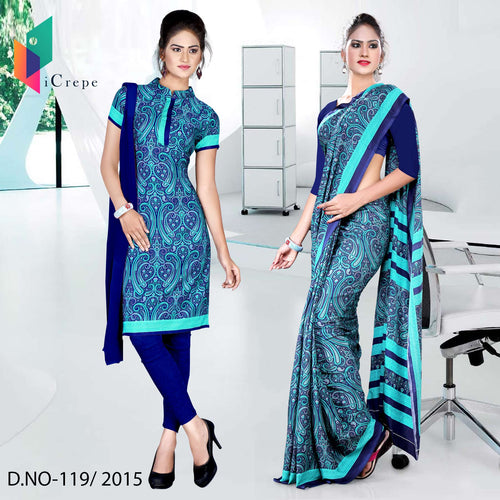 Navy Blue Women's Premium Italian Silk Paisley Print Office Uniform Sarees Salwar Combo