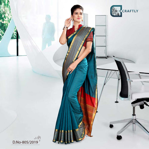 Blue And Orange  Craftly Cotton Institute Uniform Saree