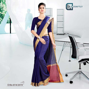 Blue And Yellow With Off White Boder Craftly Cotton Corporate Uniform Saree