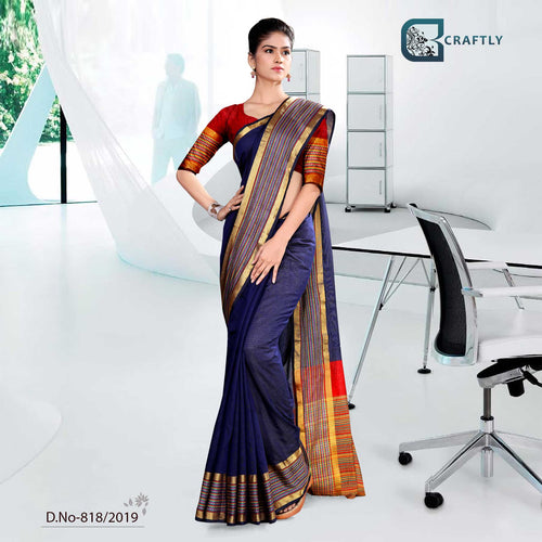 Blue And Yellow With Orange Color  Craftly Cotton Corporate Uniform Saree