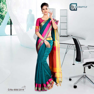 Green And Yellow  Craftly Cotton Corporate Uniform Saree