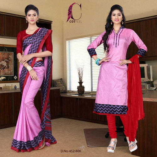 Pink and Maroon Women's Premium Manipuri Cotton Plain Gala Border Hotel Uniform Sarees Salwar Combo