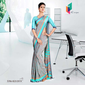 Grey And Blue Icrepe  Corporate Uniform Saree