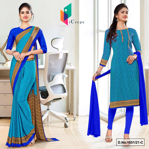 Sea Green Blue Women's Premium Italian Silk Paisley Print Uniform Sarees Salwar Combo For Corporate Employees