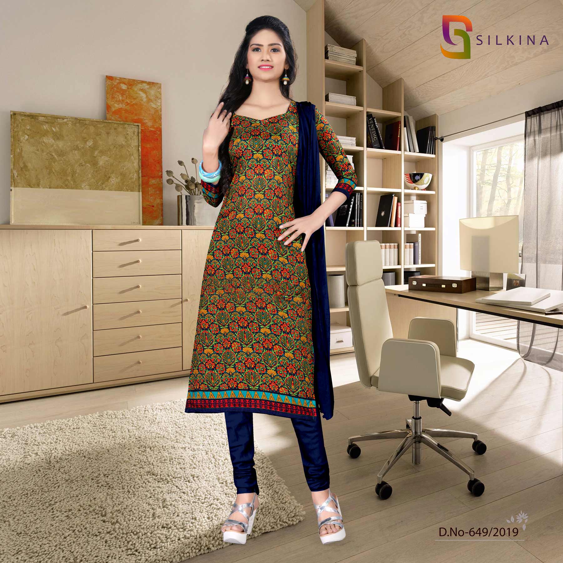 Off White And Dark Blue Women's Premium Silk Georgette Teacher