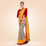 Beige and Maroon Women's Premium Manipuri Cotton Plain Gaala Border Institution Uniform Saree