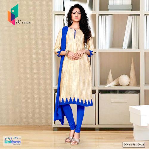 Beige Blue Small Print Premium Italian Silk Crepe Churidar For Institution Uniform Sarees