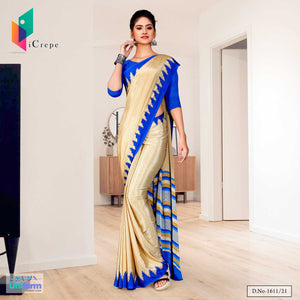 Beige Blue Small Print Premium Italian Silk Crepe Saree For Institution Uniform Sarees