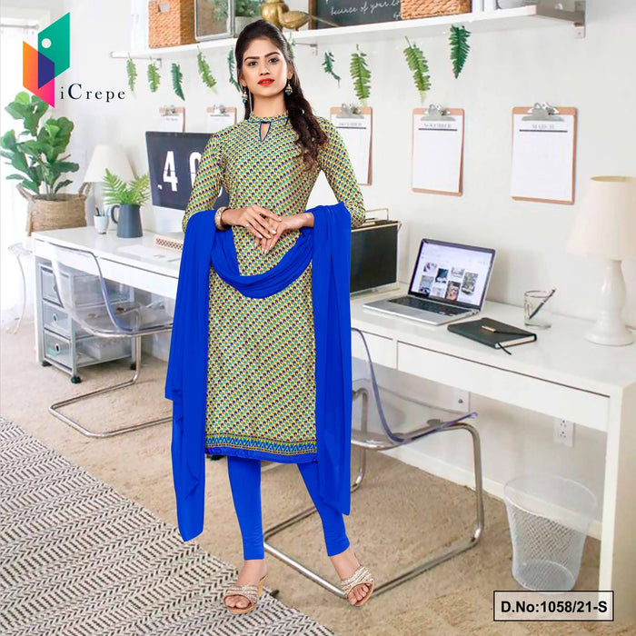 Beige Blue Small Print Premium Italian Silk Crepe Uniform Salwar Kameez For Showroom Staff