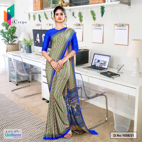 Beige Blue Small Print Premium Italian Silk Crepe Uniform Sarees For Showroom Staff