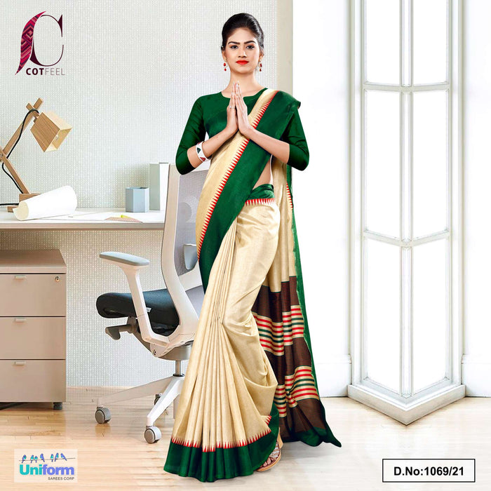 Beige Bottle Green Gala Border Premium Polycotton Cotfeel Saree For Annual Function Uniform Sarees