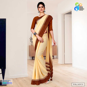 Beige Coffee Premium Georgette Plain Border Housekeeping Uniform Sarees For Support Staff