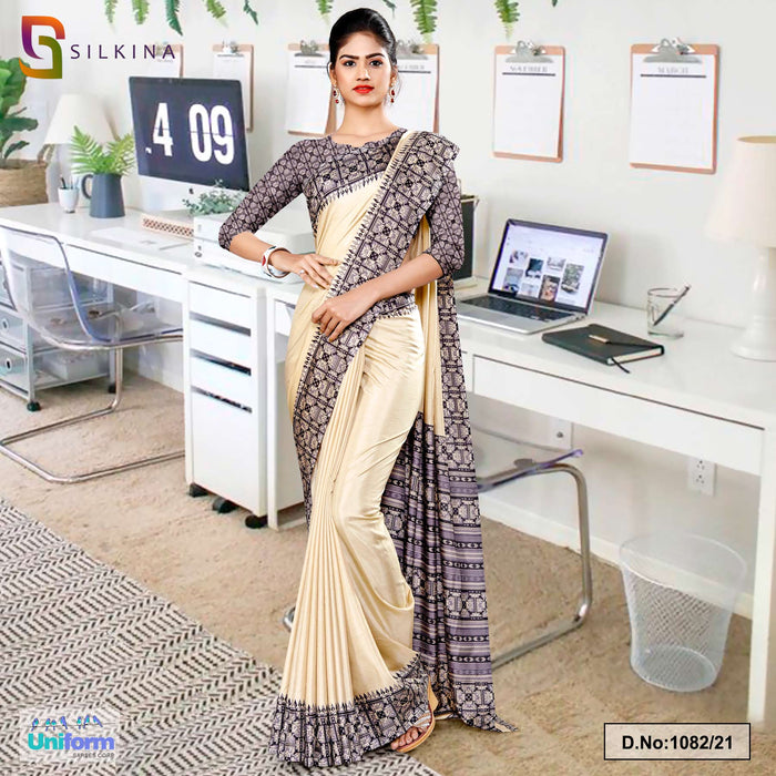 Beige Gray Printed Blouse Concept Polycotton Raw Silk Saree For Industrial Uniform Sarees