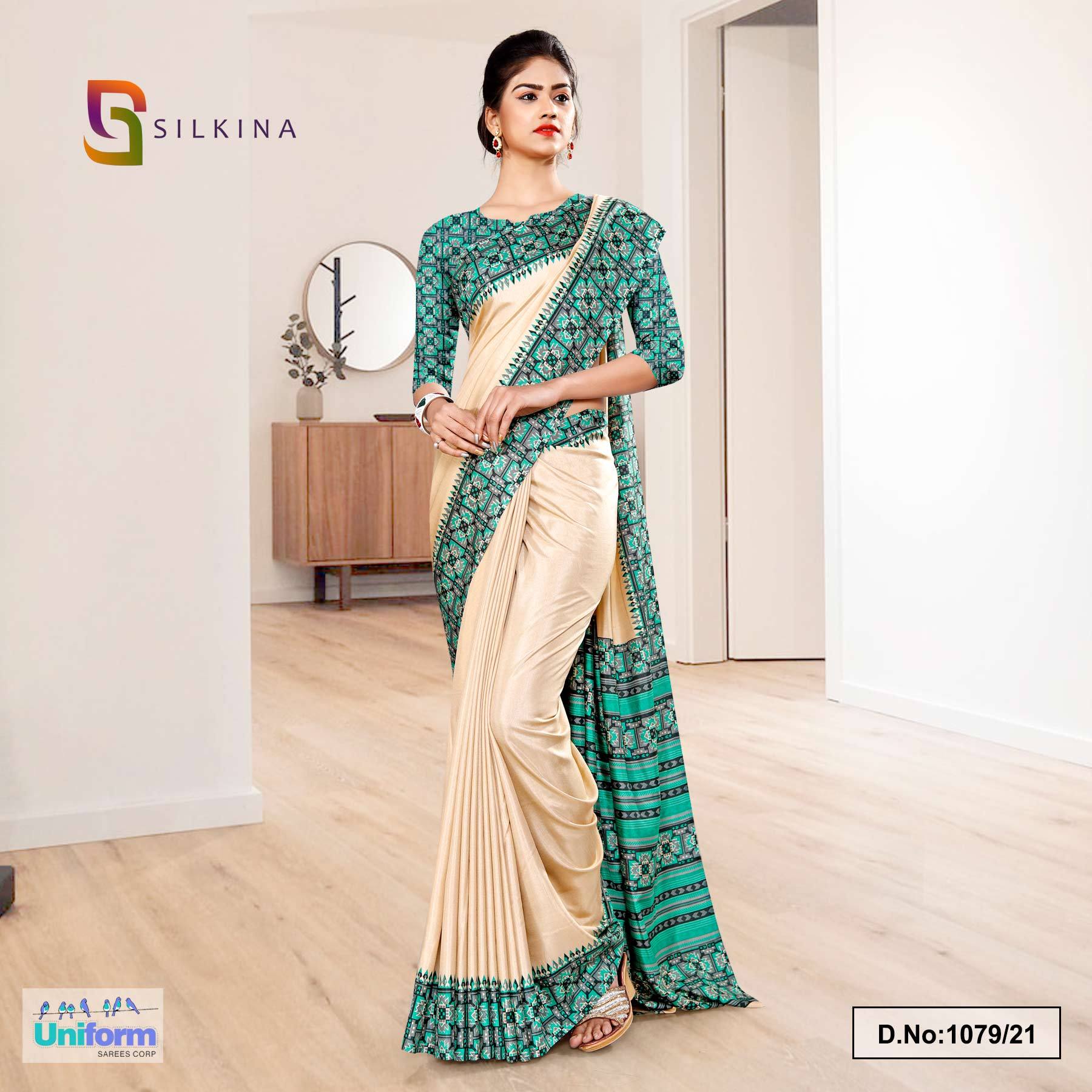 Beige Green Printed Blouse Concept Polycotton Raw Silk Saree For