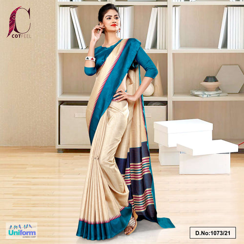 Beige Peacock Blue Gala Border Premium Polycotton Cotfeel Saree For Hospital Uniform Sarees