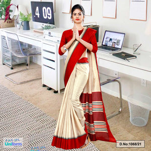 Beige Red Gala Border Premium Polycotton Cotfeel Saree For School Uniform Sarees