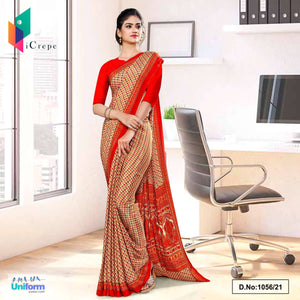 Beige Red Small Print Premium Italian Silk Crepe Uniform Sarees For Students