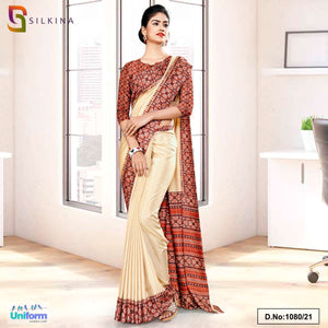 Beige Rust Printed Blouse Concept Polycotton Raw Silk Saree For College Uniform Sarees