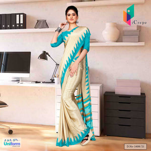 Beige Sea Green Premium Italian Silk Crepe Saree For Jelwellery Showroom Uniform Sarees