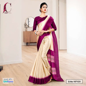 Beige Wine Gala Border Premium Polycotton Cotfeel Saree For Teachers Uniform Sarees