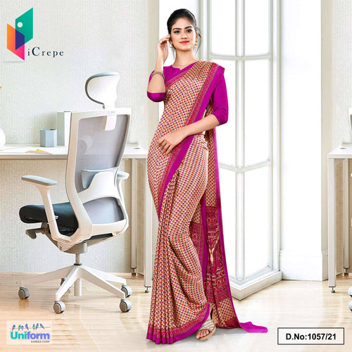 Beige Purple Small Print Premium Italian Silk Crepe Uniform Sarees For Workers