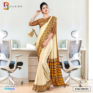 Beige Yellow Printed Blouse Concept Polycotton Raw Silk Saree For Receptionist Uniform Sarees