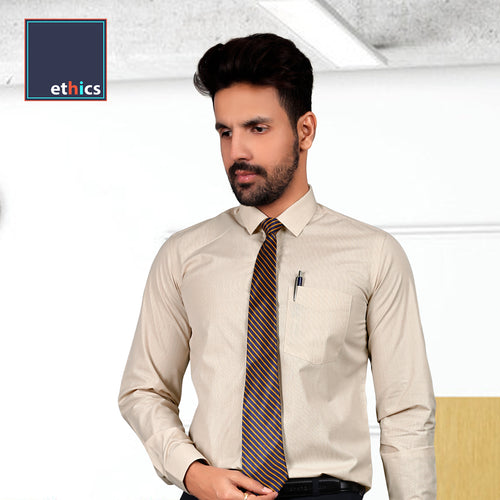 Beige Micro Chex Men's Cotton Office Uniform Shirt Unstitched Fabrics