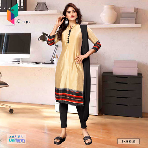 Beige and Black Women's Premium Italian Silk Plain Border Uniform Salwar Kameez for Housekeeping