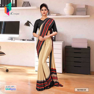 Beige and Black Women's Premium Italian Silk Plain Border Uniform Sarees With Blouse Piece for Housekeeping