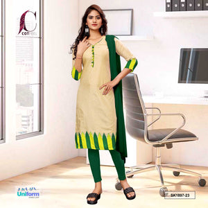 Beige and Green Women's Premium Manipuri Cotton Plain Border Uniform Salwar Kameez for Office Staff