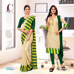 Beige and Green Women's Premium Manipuri Cotton Plain Border Uniform Saree Salwar Combo for Office Staff