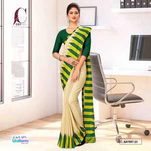 Beige and Green Women's Premium Manipuri Cotton Plain Border Uniform Sarees With Blouse Piece for Office Staff