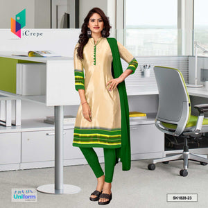 Beige and Bottle Green Women's Premium Italian Silk Plain Border Uniform Salwar Kameez for Teachers