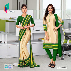 Beige and Bottle Green Women's Premium Italian Silk Plain Border Uniform Saree Salwar Combo for Teachers