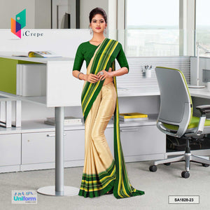 Beige and Bottle Green Women's Premium Italian Silk Plain Border Uniform Sarees With Blouse Piece for Teachers