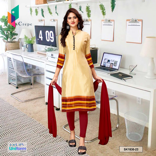 Beige and Maroon Women's Premium Italian Silk Plain Border Uniform Salwar Kameez for Front Office