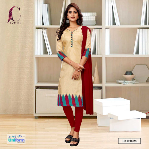 Beige and Maroon Women's Premium Manipuri Cotton Plain Border Uniform Salwar Kameez for Teachers