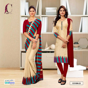 Beige and Maroon Women's Premium Manipuri Cotton Plain Border Uniform Saree Salwar Combo for Teachers