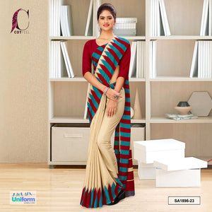 Beige and Maroon Women's Premium Manipuri Cotton Plain Border Uniform Sarees With Blouse Piece for Teachers