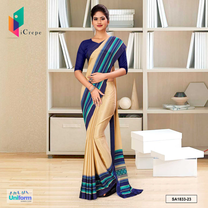 Beige and Navy Blue Women's Premium Italian Silk Plain Border Uniform Sarees With Blouse Piece for Institutions