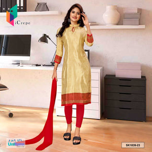 Beige and Red Women's Premium Silk Crepe Plain Border Showroom Uniform Salwar Kameez