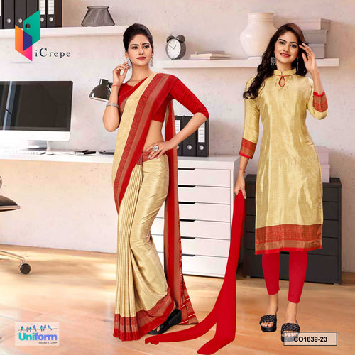 Beige and Red Women's Premium Silk Crepe Plain Border Showroom Uniform Saree Salwar Combo