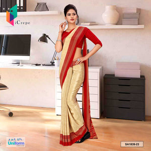 Beige and Red Women's Premium Silk Crepe Plain Border Showroom Uniform Sarees With Blouse Piece