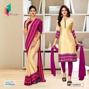 Beige and Wine Women's Premium Italian Silk Plain Border Uniform Saree Salwar Combo for Workers